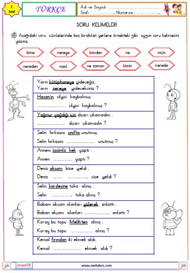 2. Sınıf Türkçe Soru Cümlesi ve Soru Kelimeleri  Etkinliği